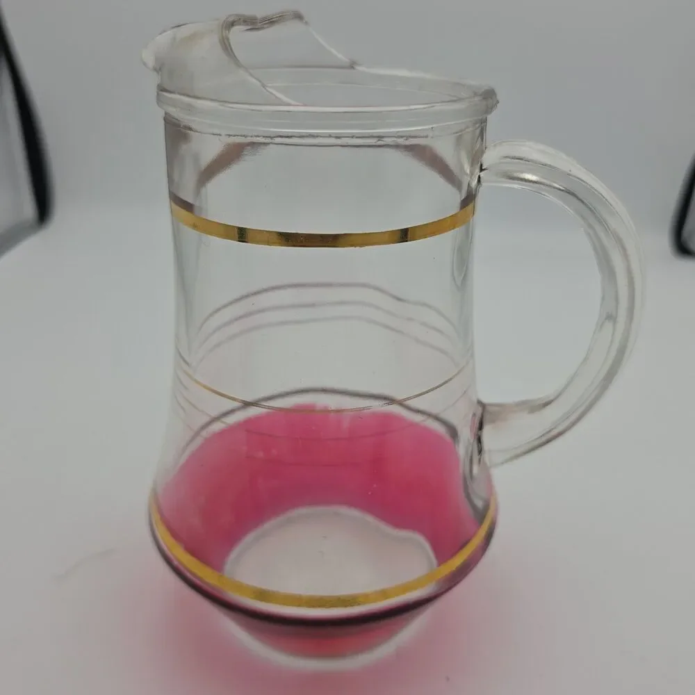 Vintage MCM Glass Pitcher Cranberry Iridescent Gold Rings Flat Pitcher Ice Lip